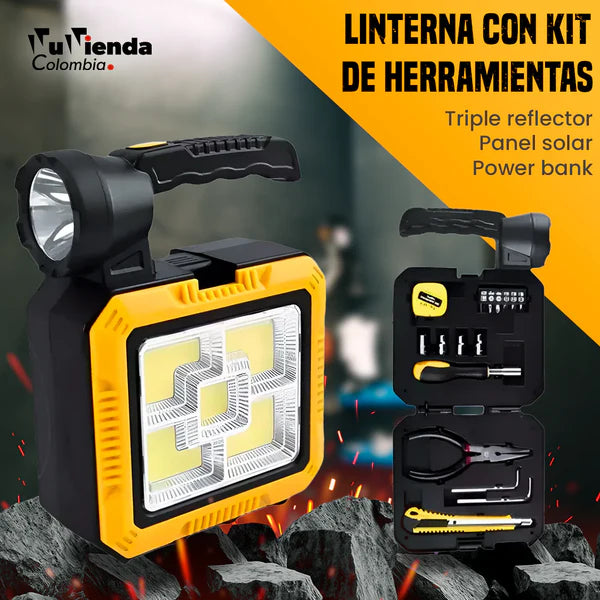 Kit herramientas, linterna y cargador con panel solar